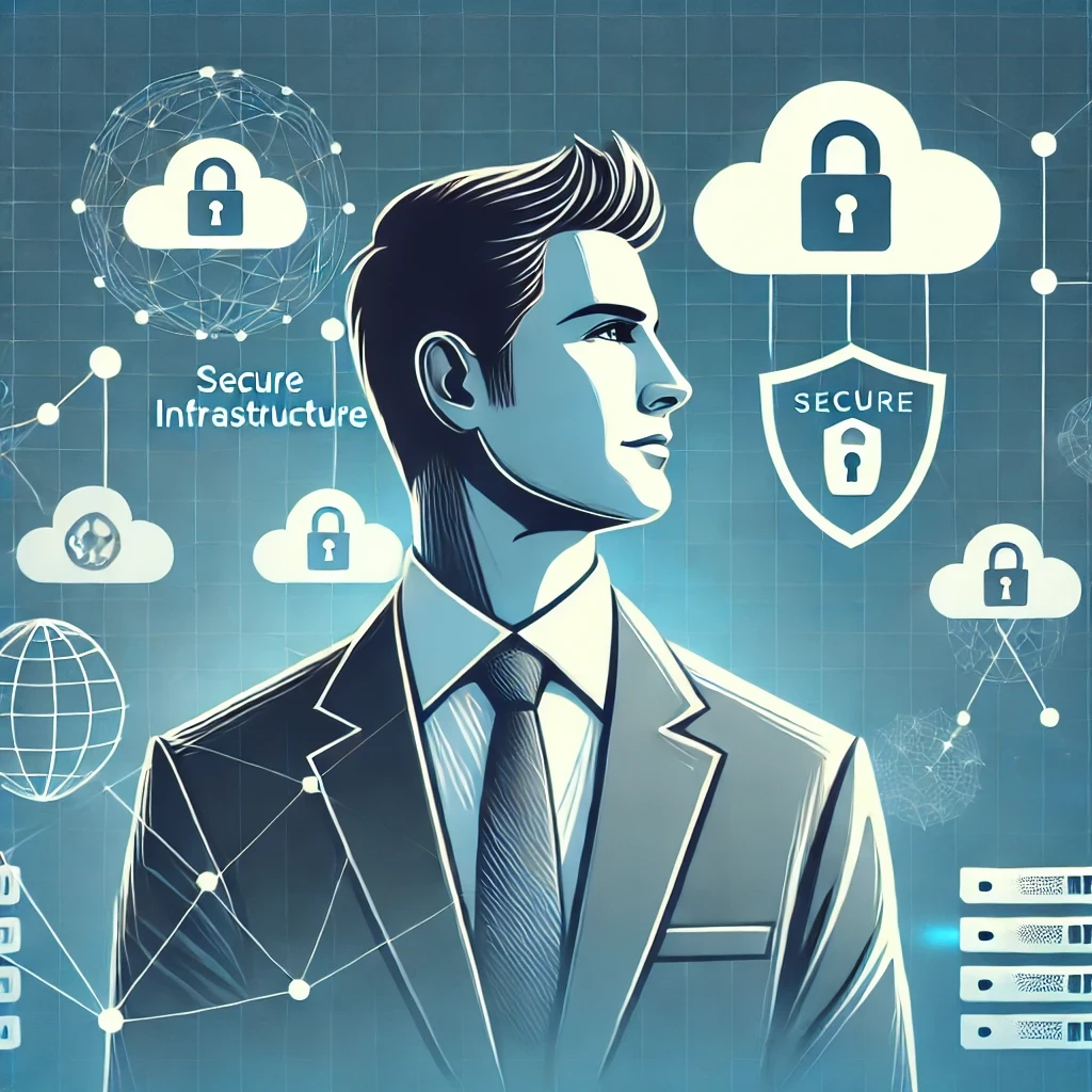 Illustration of a confident developer standing with cloud technology symbols and secure infrastructure in the background, representing readiness to adopt new cloud solutions.