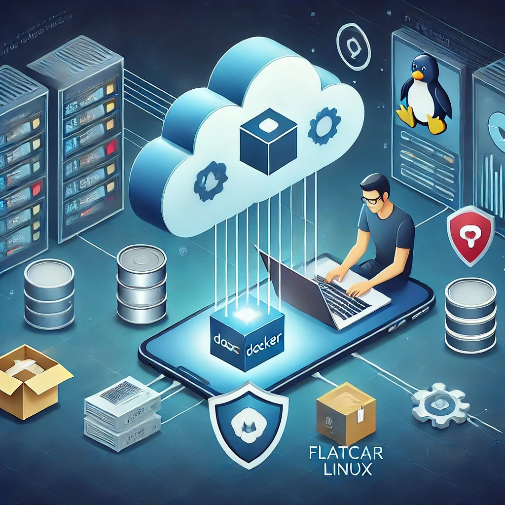 Illustration of a developer deploying applications to the cloud, featuring Docker and Flatcar Linux icons with a shield symbolizing enhanced security.