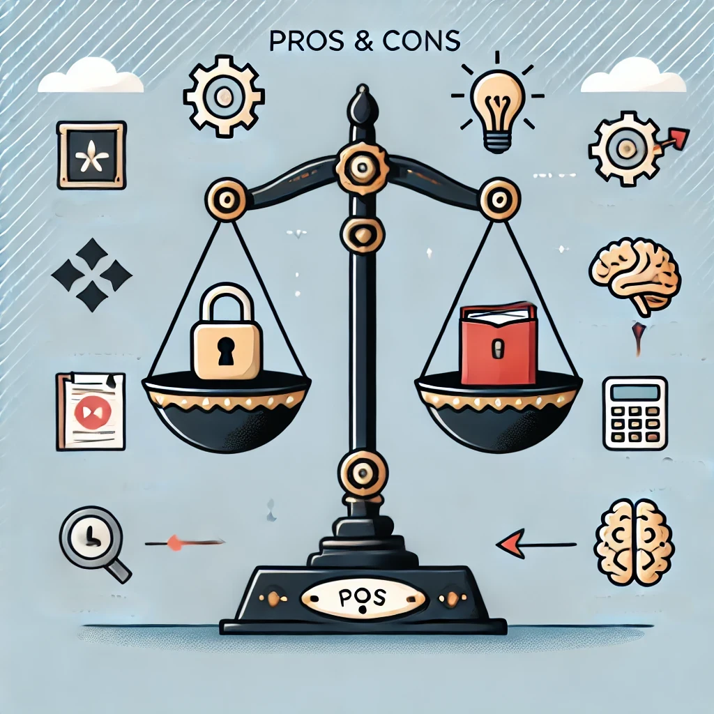 Illustration of a balanced scale showing pros and cons. One side depicts advantages like security and consistency with icons, and the other side represents considerations like learning curve and flexibility with corresponding symbols.