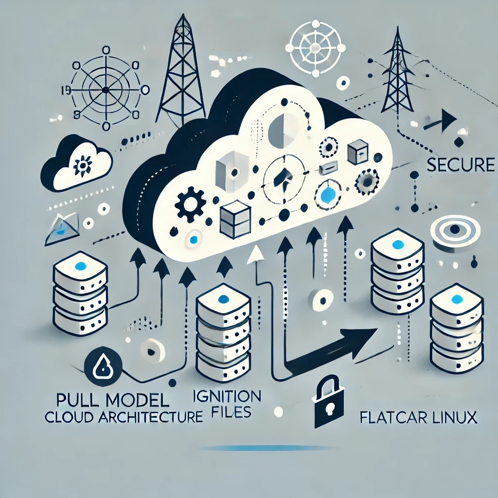 An abstract diagram illustrating pull model cloud architecture. The image uses simplified infographics with a cloud server pulling configurations from a secure source, represented by arrows and icons. The design includes geometric shapes symbolizing security, Ignition files, and Flatcar Linux, without any text.